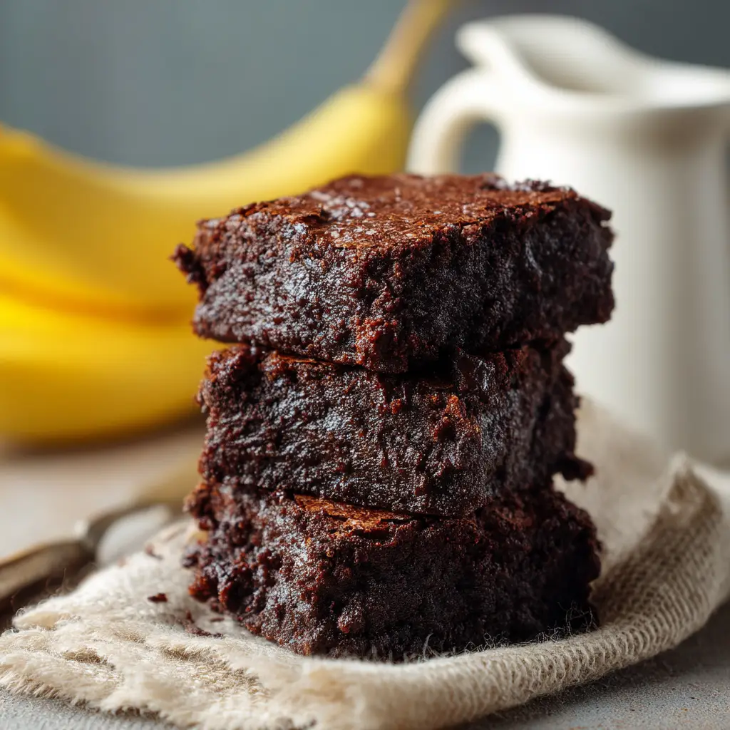A freshly baked pan of easy banana brownies being lifted from the pan with a parchment paper sling.