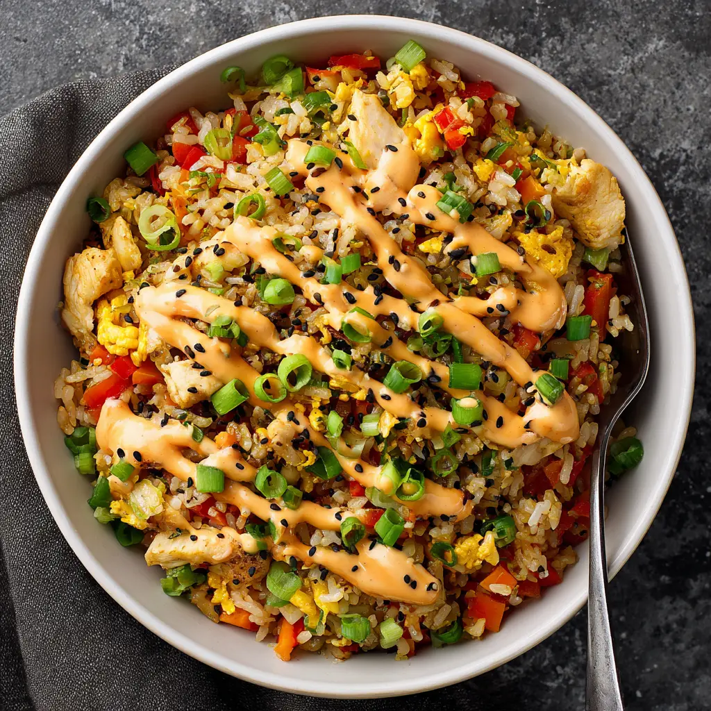 A beautiful final plated bowl of Bang Bang Fried Rice with shrimp, peas, and carrots, garnished with sesame seeds and green onions.