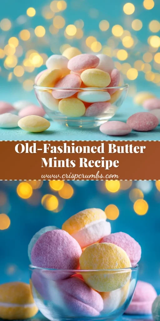 A close-up shot of homemade pastel-colored butter mints in a small white bowl. This easy butter mints recipe is perfect for parties and holidays.