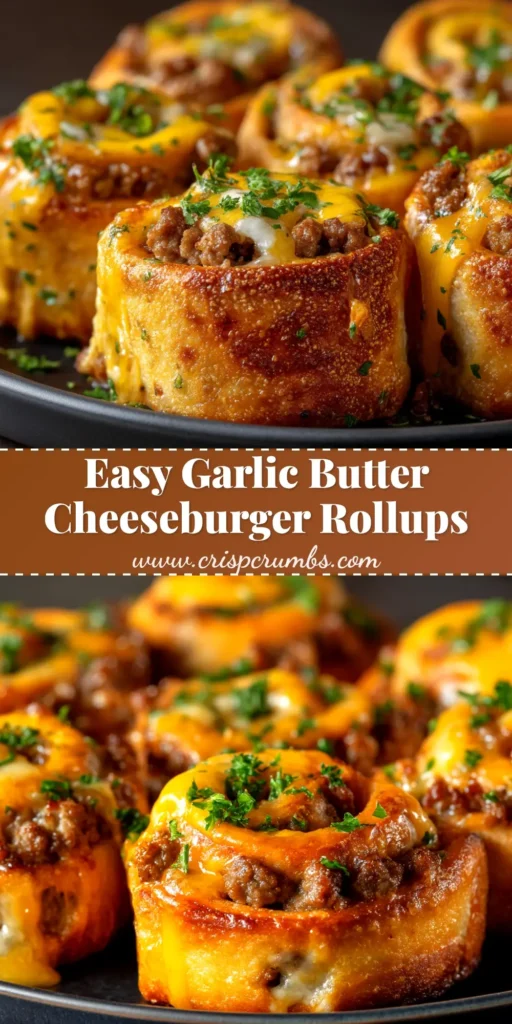 A platter of golden-brown Cheeseburger Rollups, topped with sesame seeds and ready to be served. A delicious and easy recipe.