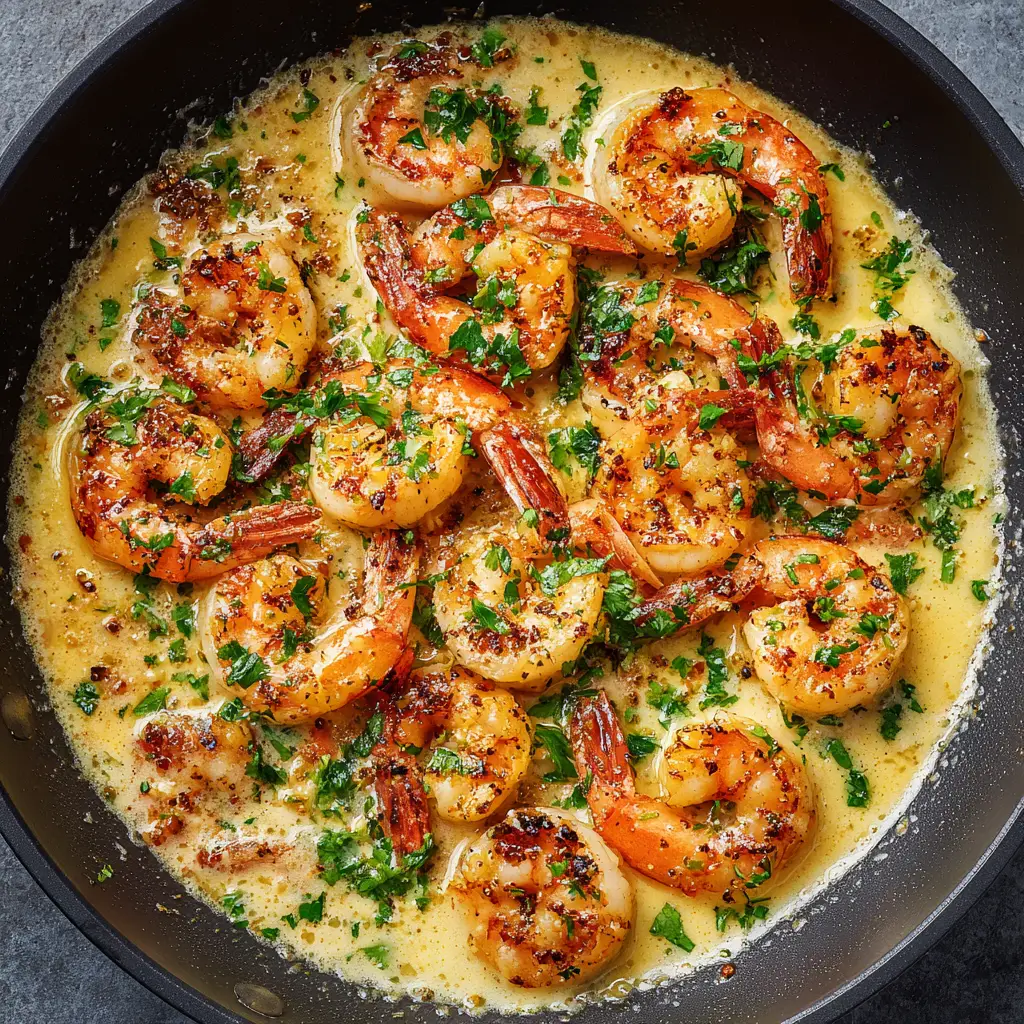 A serving of the easy coconut shrimp recipe in a white bowl over a bed of jasmine rice, garnished with fresh parsley.