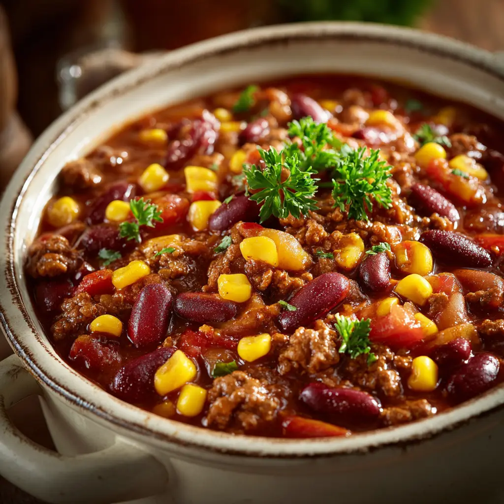A spoonful of loaded chuckwagon beans being lifted from a slow cooker, showing the mix of beans and savory ground beef.