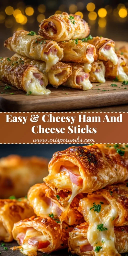 A platter of golden brown baked ham and cheese sticks, with one being pulled apart to show a gooey cheese pull. Perfect for a party appetizer.