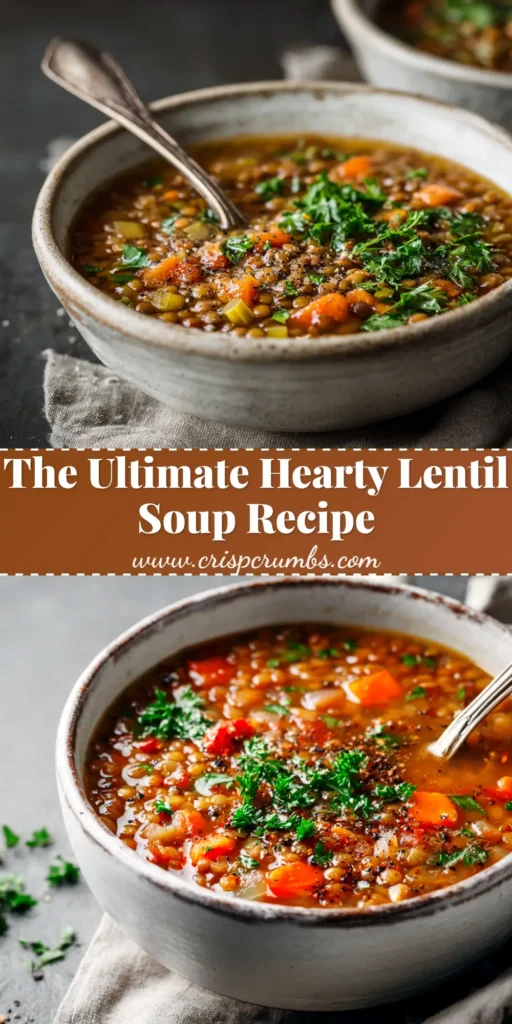 An overhead shot of a hearty lentil soup recipe in a rustic bowl, garnished with fresh herbs. The perfect healthy and easy weeknight dinner.