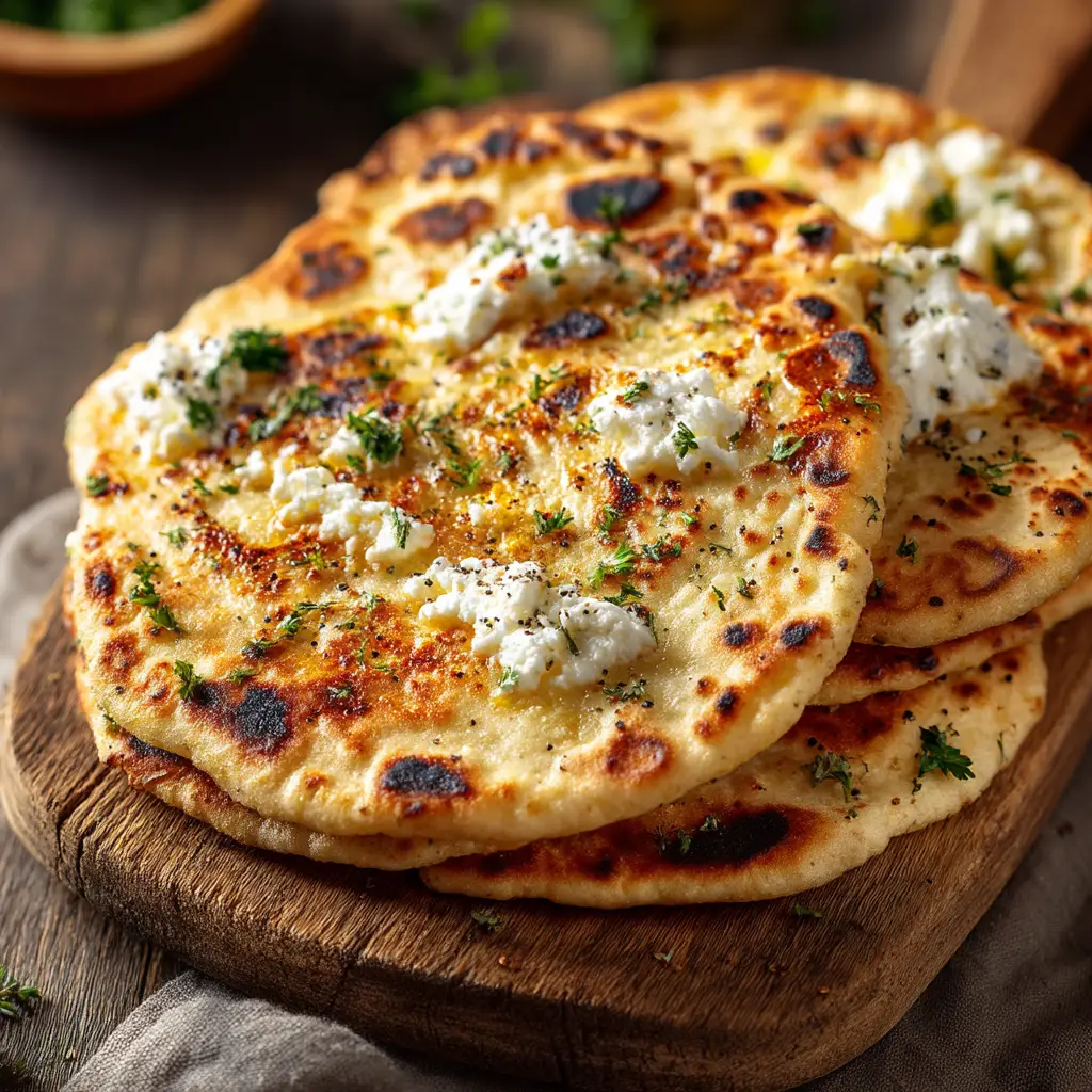 A freshly baked sheet of low-carb cottage cheese flatbread, golden brown and seasoned with herbs.