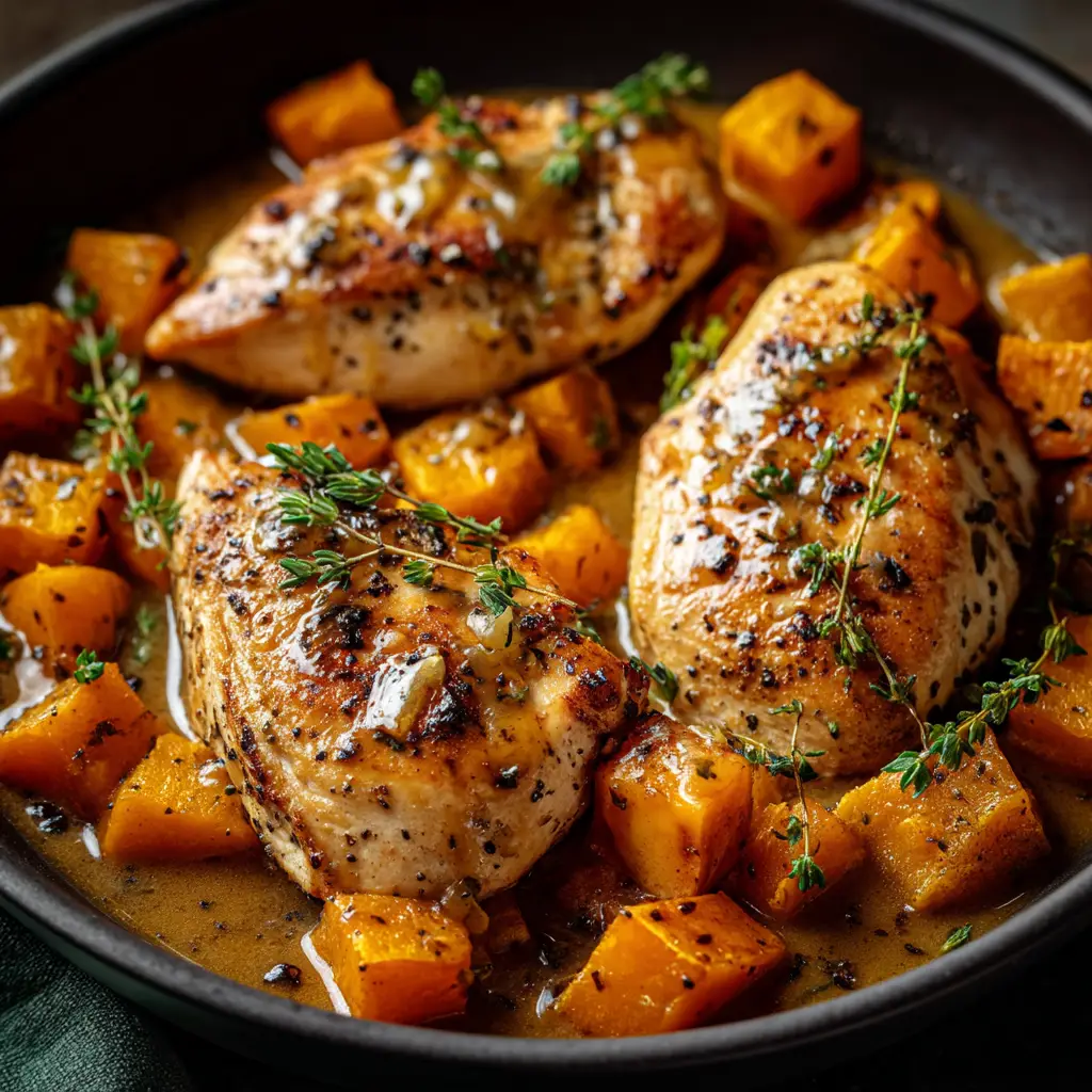 A serving of maple mustard chicken on a white plate, garnished with fresh thyme. The chicken is juicy and coated with the savory sauce.