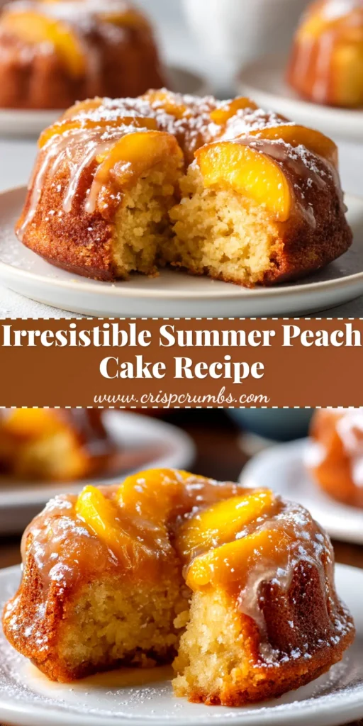 An easy and moist peach cake recipe, shown as a slice on a white plate with a fork, highlighting the juicy peach pieces inside the tender crumb.
