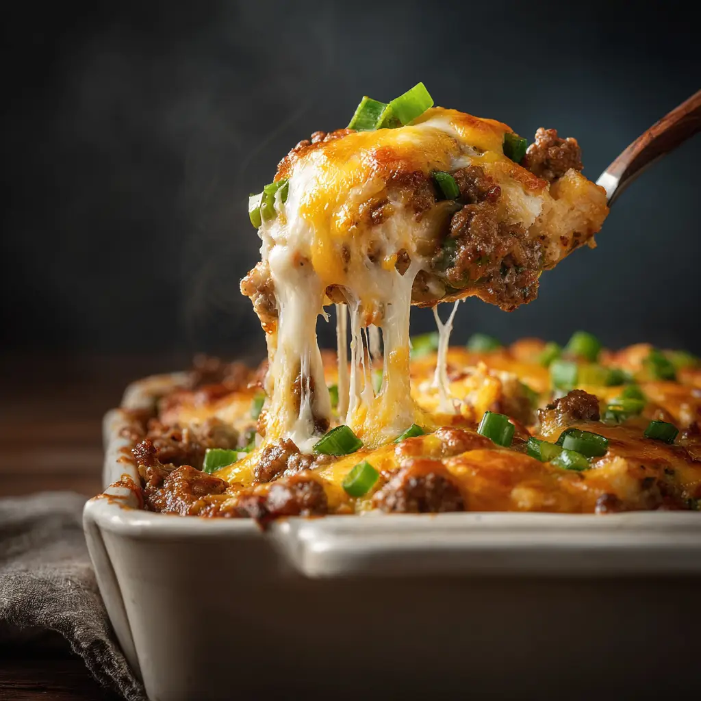 Another perspective of a scoop of the easy Philly cheesesteak bake, emphasizing the gooey, melted provolone cheese stretching from the spoon.
