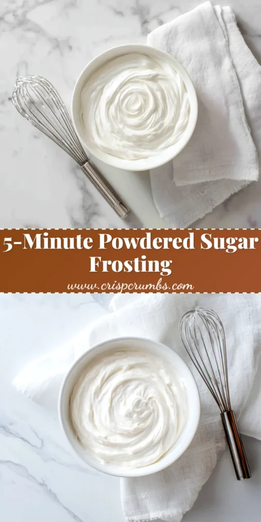 A bowl of creamy, white powdered sugar frosting being whipped with an electric mixer. This easy 4-ingredient recipe is perfect for cakes and cookies.