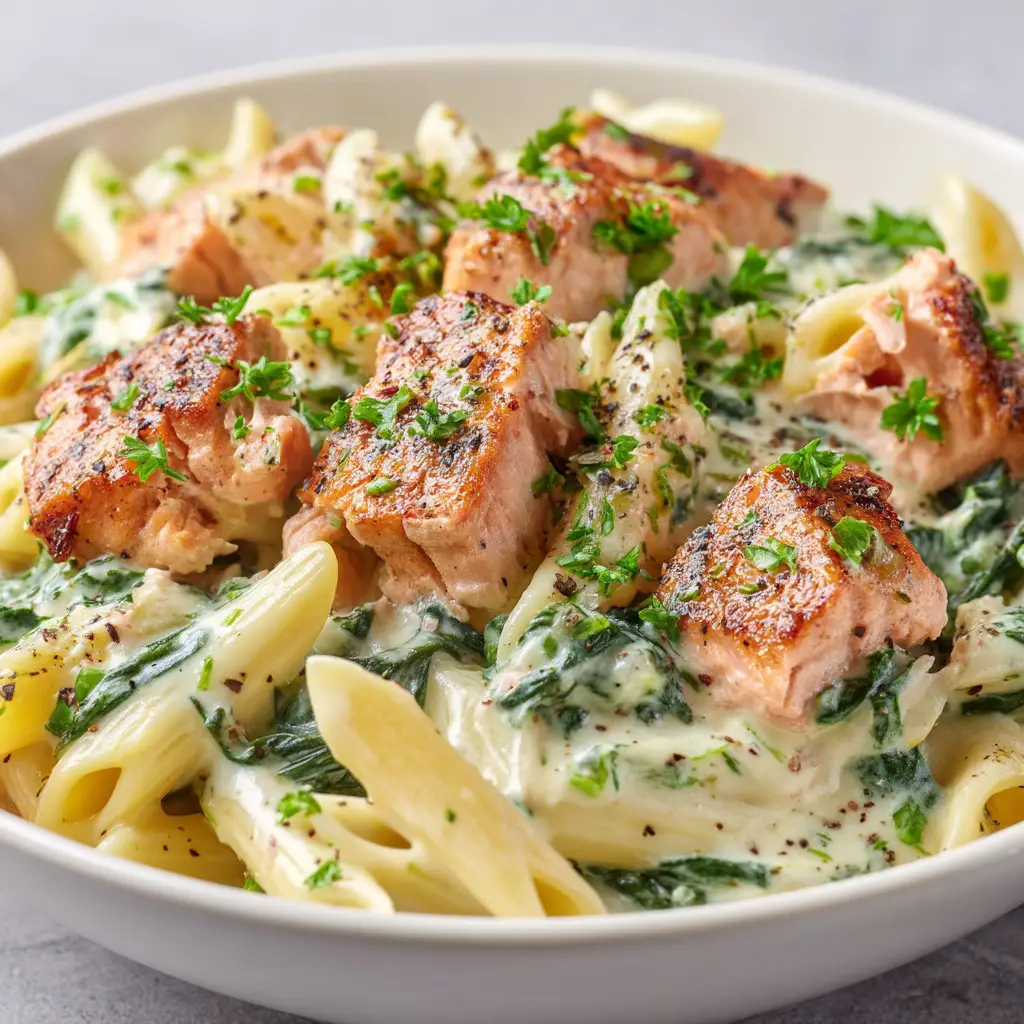 A fork twirling fettuccine from a bowl of creamy salmon pasta, with a piece of perfectly cooked salmon and spinach visible.