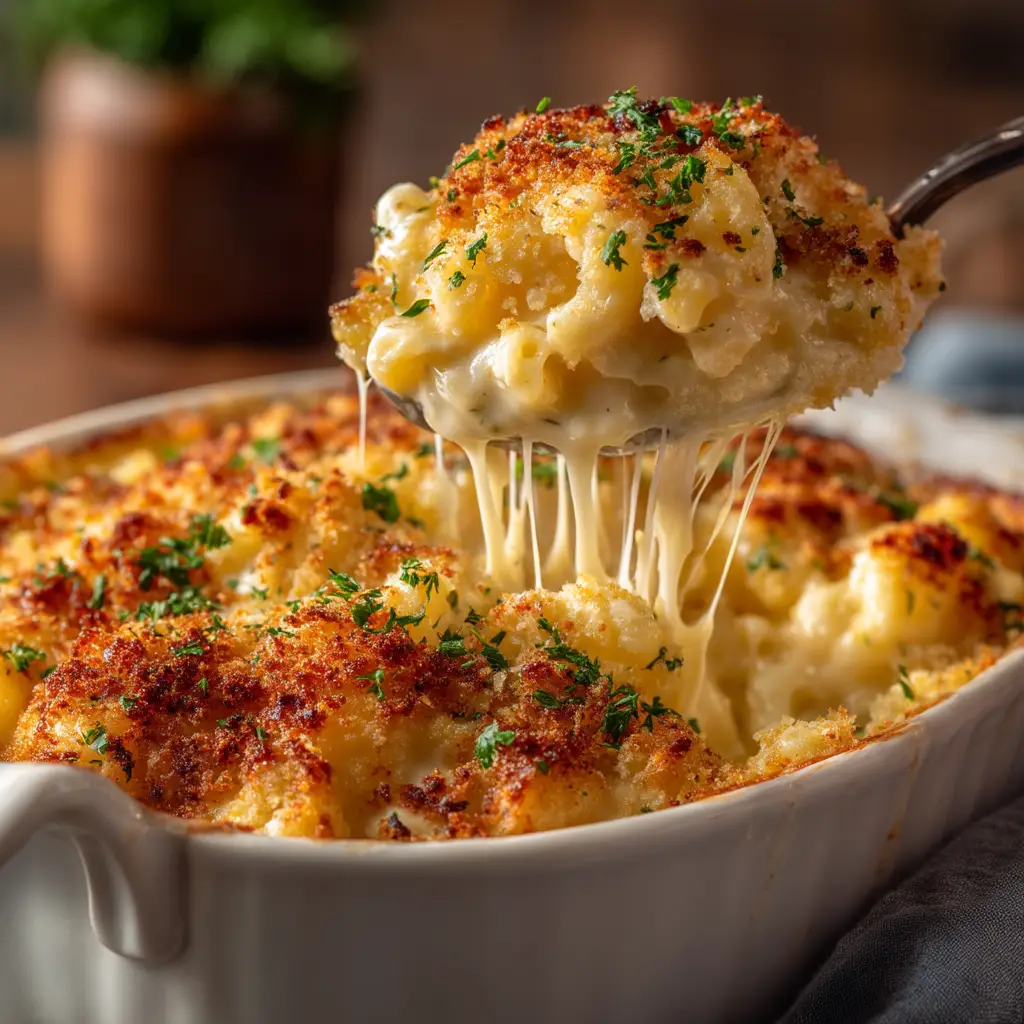 A beautiful shot of the finished white cheddar mac and cheese in a serving dish, ready to be enjoyed. The perfect easy weeknight dinner idea.