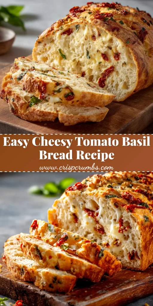 A beautiful golden-brown loaf of homemade Tomato Basil Bread, with one slice cut to show the soft interior studded with red tomato and green basil pieces.
