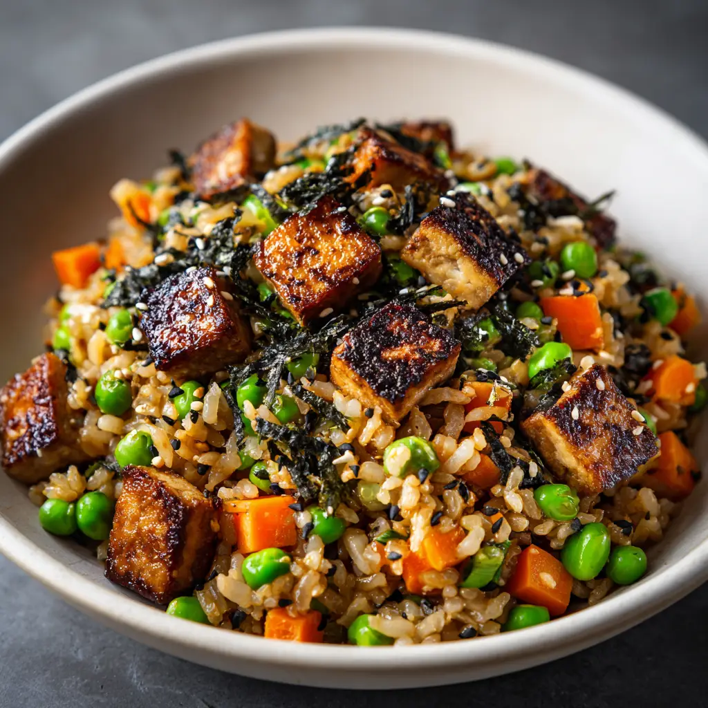 A final plated bowl of the easy vegan fried rice, garnished with sliced green onions, ready to be eaten.