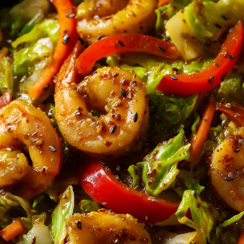 An extreme close-up of the crisp-tender cabbage and shrimp, showcasing the texture of this easy weeknight dinner.