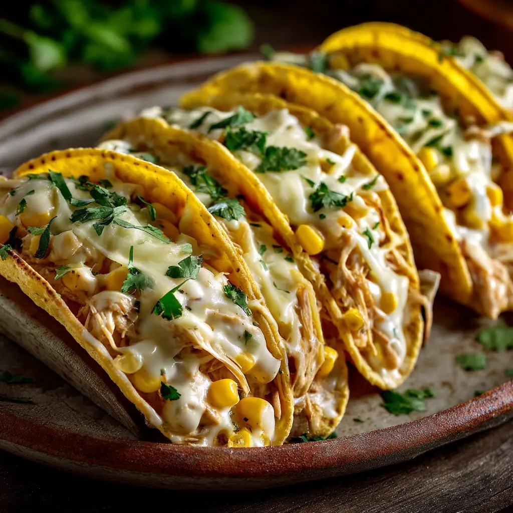 Assembled white chicken chili tacos on a plate, topped with fresh cilantro, ready to be eaten. A perfect example of an easy weeknight meal.