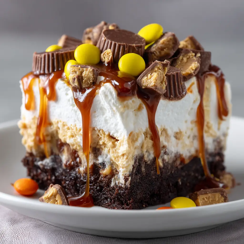 A fork taking a piece from a slice of chocolate peanut butter poke cake, with a dark, moody background highlighting the dessert.