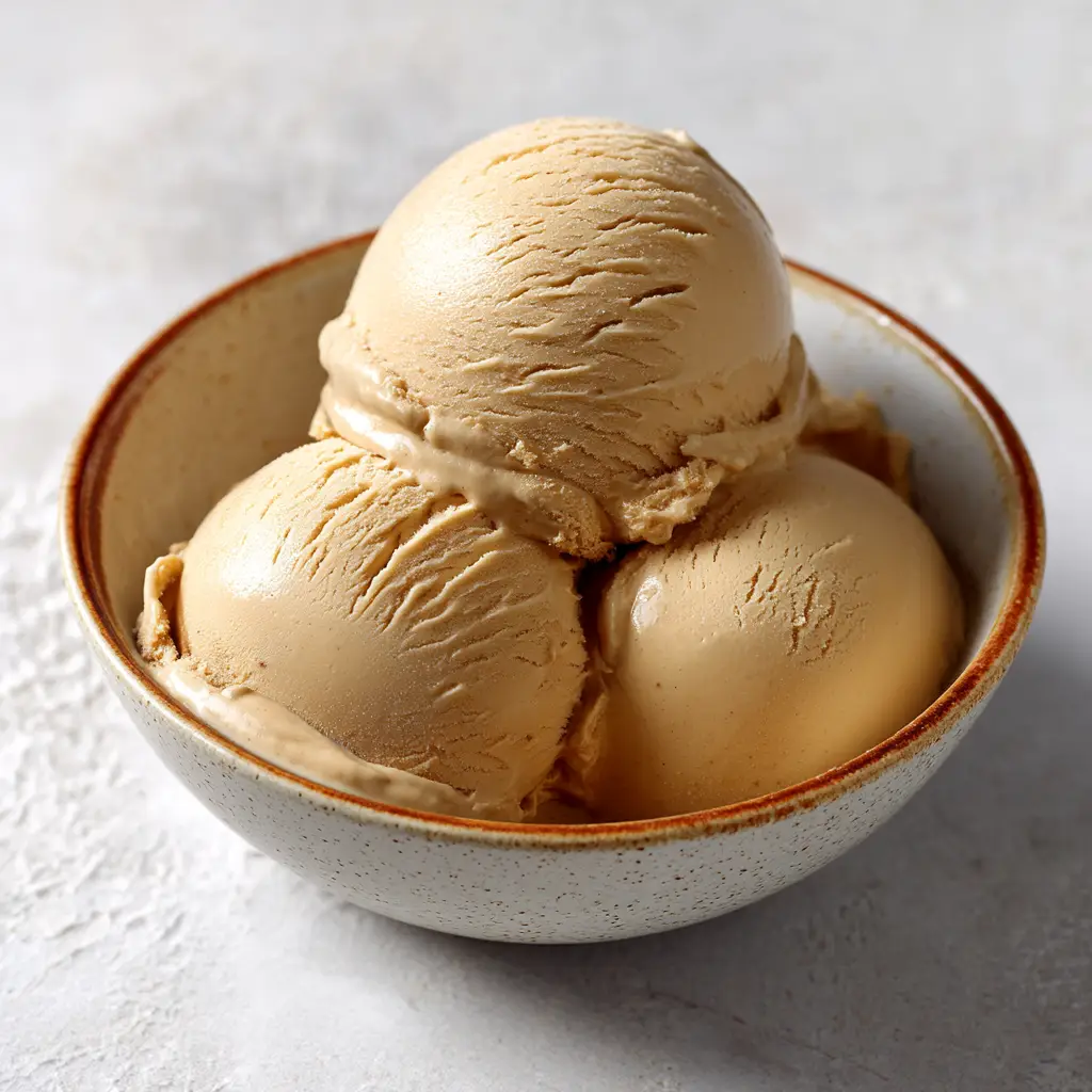 A close-up of the coffee-infused custard base for Italian gelato being stirred in a saucepan.