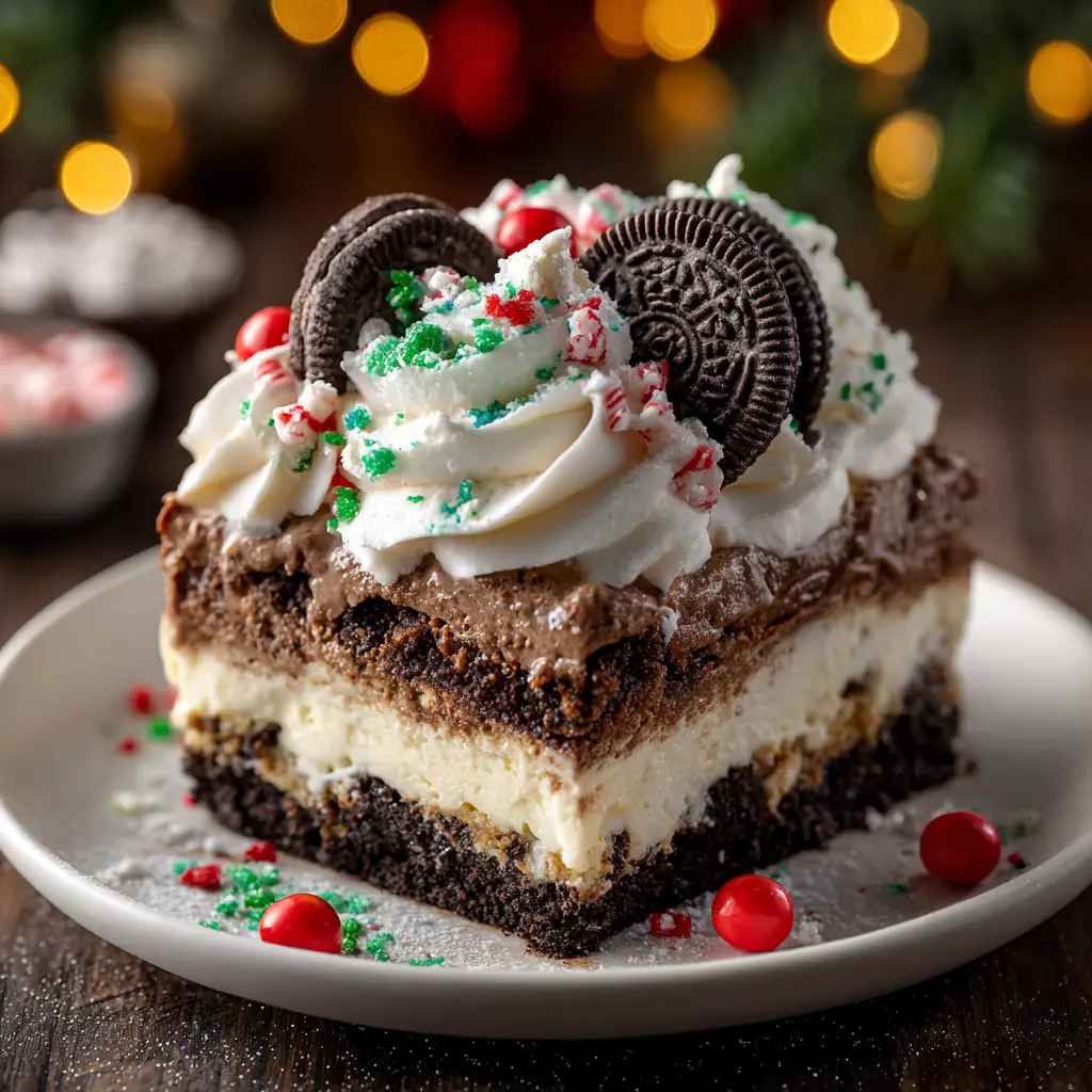 A close-up shot of the top of the festive icebox cake, decorated with whipped topping, Christmas sprinkles, and mini chocolate chips.