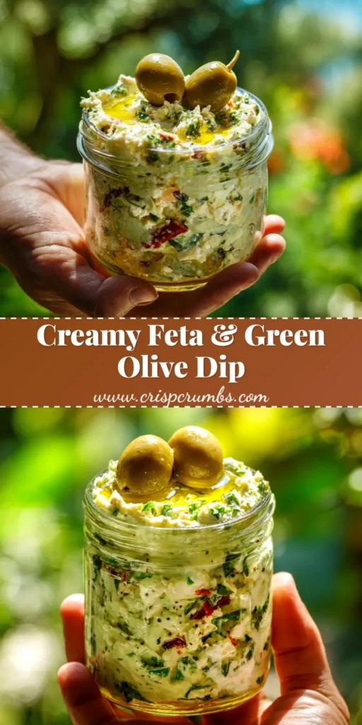 A shareable pin image of a creamy Feta and Olive Dip in a white bowl, garnished with fresh dill and served with pita bread. The text overlay reads 'Easy Feta and Olive Dip Recipe'.