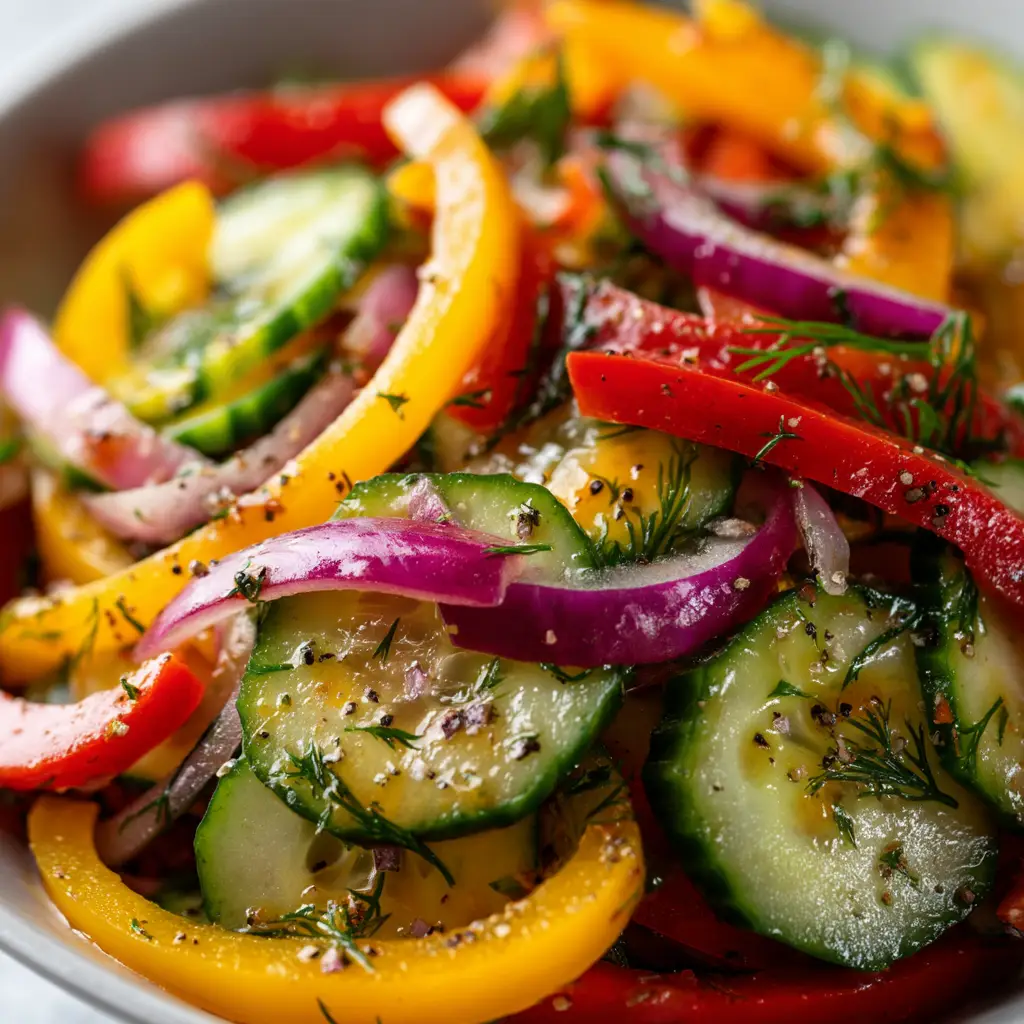 A close-up shot of the finished cucumber and bell pepper salad in a white bowl, showing the colorful mix of vegetables and the light vinaigrette.