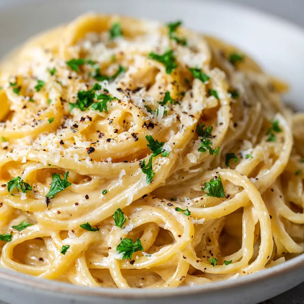 A beautiful shot of the finished miso pasta sauce dish in a rustic bowl, ready to be served. Highlights the creamy texture.