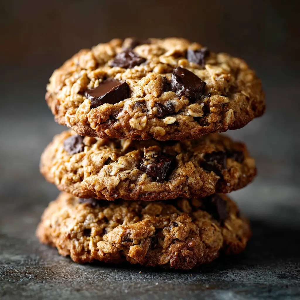 A row of healthy banana oatmeal cookies lined up on a baking sheet after being cooked, ready to be enjoyed as a guilt-free treat.