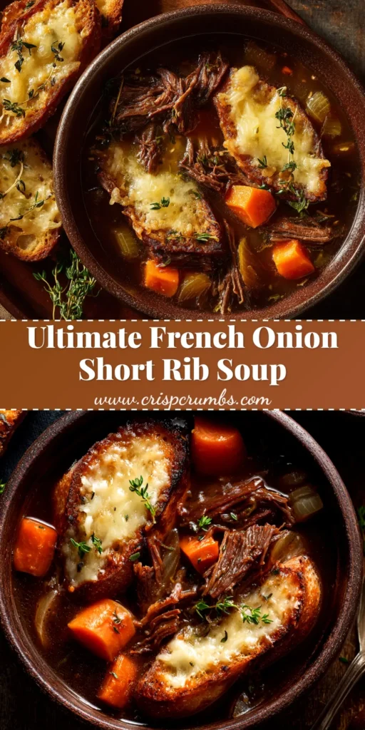 A close-up overhead shot of a bowl of French Onion Beef Short Rib Soup, with a golden, bubbly Gruyère cheese crust over a rich, dark broth and tender beef.