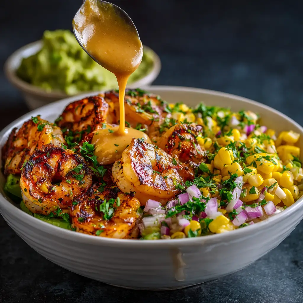 A fresh and healthy shrimp bowl with all the toppings arranged neatly before being mixed, showcasing the colorful ingredients.