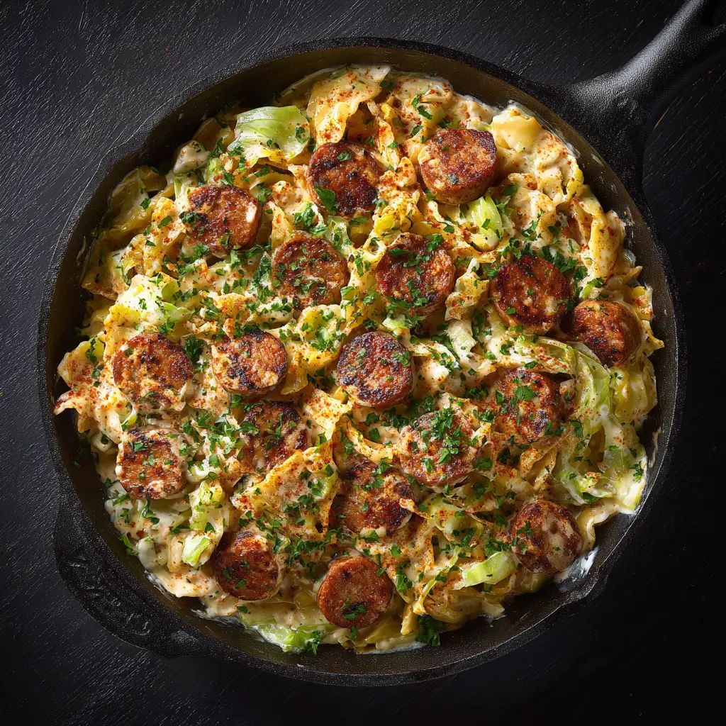 Another overhead view of the finished sausage and cabbage skillet, showing the full one-pan meal ready to be served for a quick weeknight dinner.