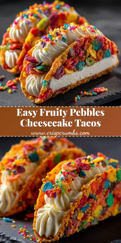 A colorful overhead shot of several Fruity Pebbles Cheesecake Tacos arranged on a platter, showcasing the vibrant cereal coating and creamy filling.