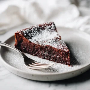 A close-up of a slice of rich chocolate torte on a white plate, showcasing its dense, fudgy texture and glossy ganache.