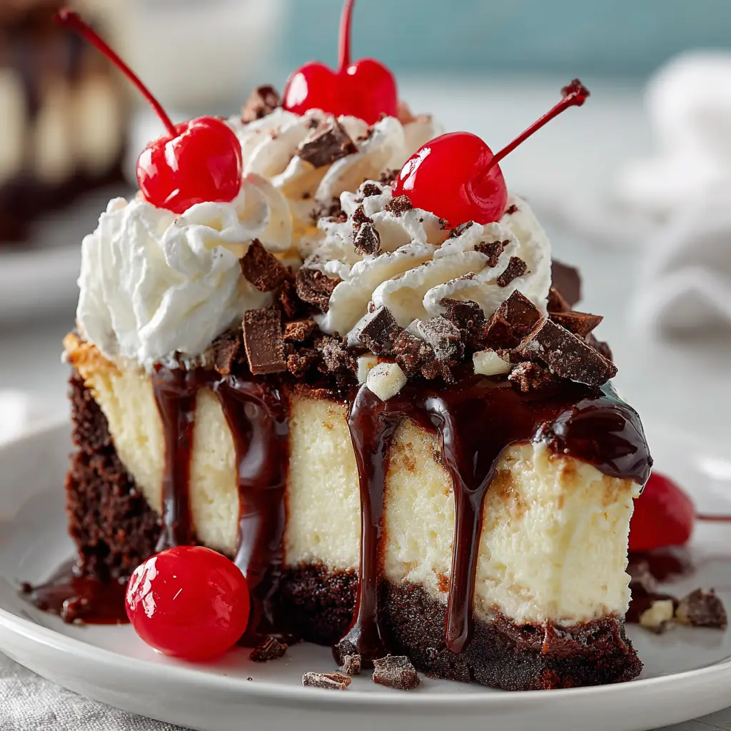 The full Hot Fudge Sundae Brownie Cheesecake on a cake stand before being sliced, showcasing the smooth top and rich brownie crust.