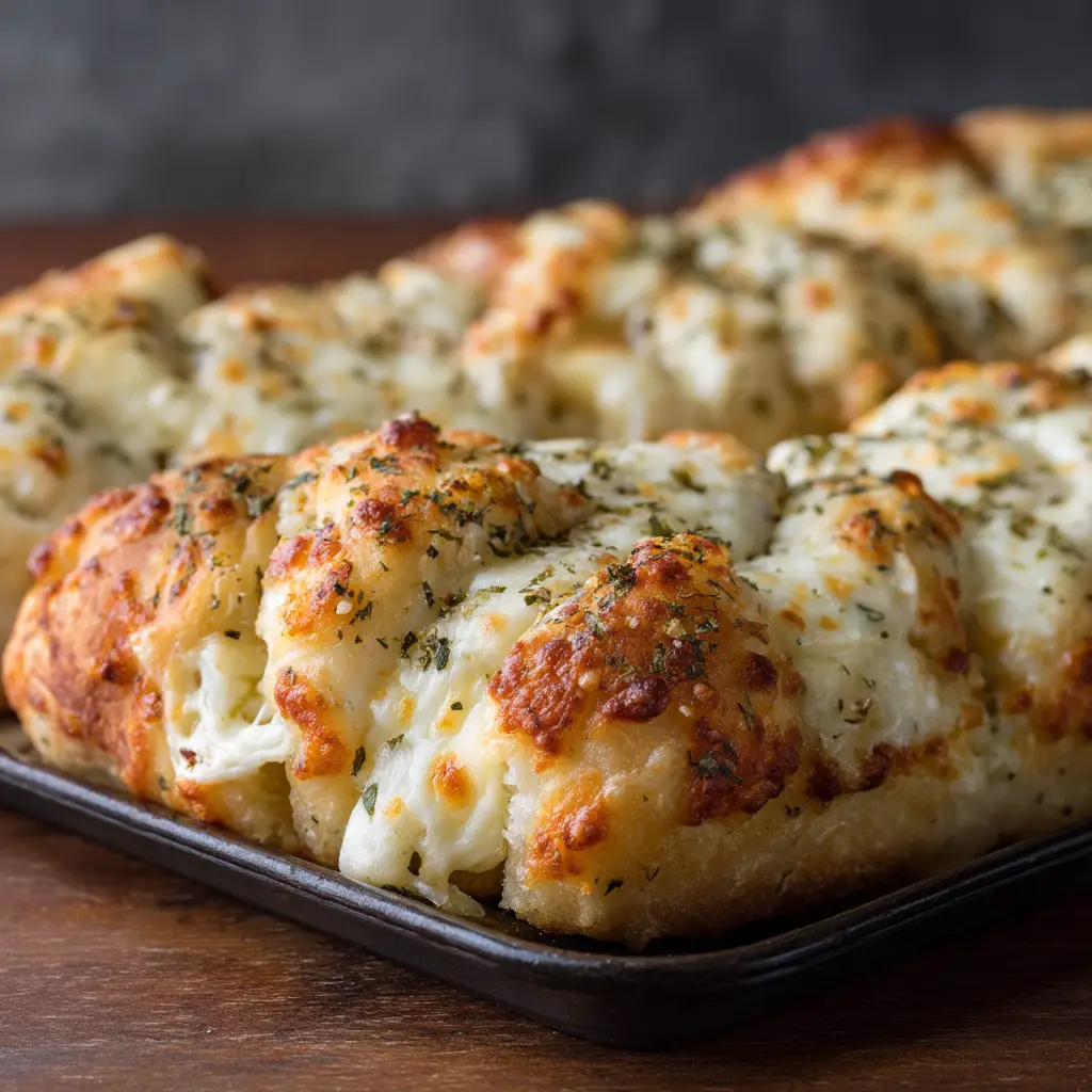Garlic butter being brushed onto raw breadstick dough in a baking pan before being topped with cheese. An essential step in this cheesy breadsticks recipe.