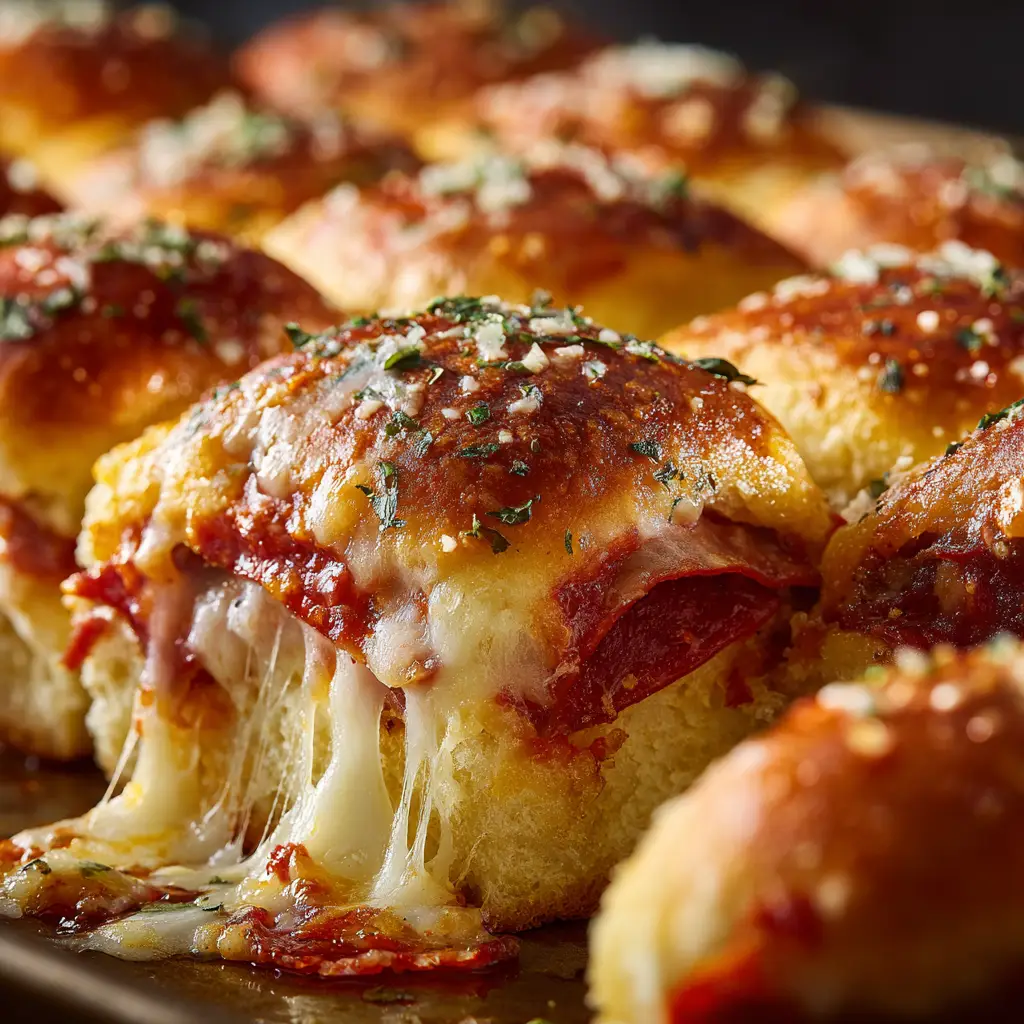 A close-up view of the golden-brown tops of the pizza sliders, brushed with garlic butter and sprinkled with Parmesan and herbs.