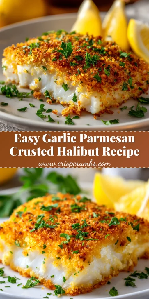 A close-up shot of Garlic Parmesan Crusted Halibut on a white plate. The halibut has a golden brown, crispy topping and is garnished with fresh parsley and a lemon wedge.
