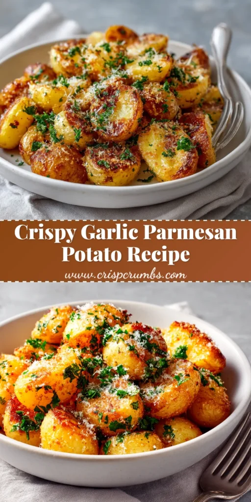 A close-up overhead shot of crispy Garlic Parmesan Roasted Potatoes in a white serving bowl, garnished with fresh parsley.