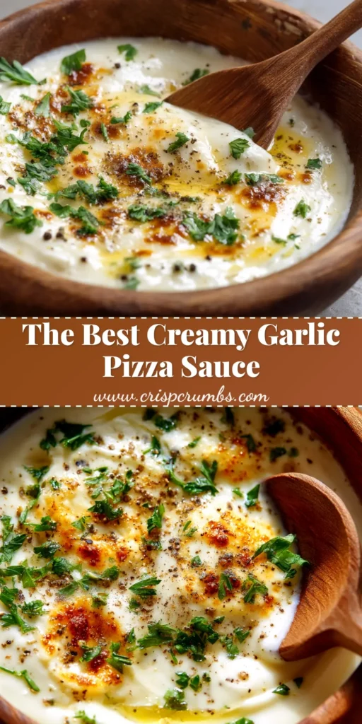 A shareable pin image showing a bowl of creamy garlic sauce for pizza, with a pizza slice being dipped into it.