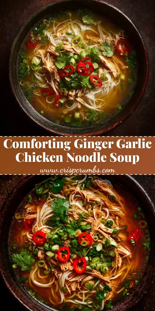 A cozy bowl of homemade Ginger Garlic Chicken Noodle Soup, garnished with fresh herbs. This comforting and healing soup is perfect for cold season.