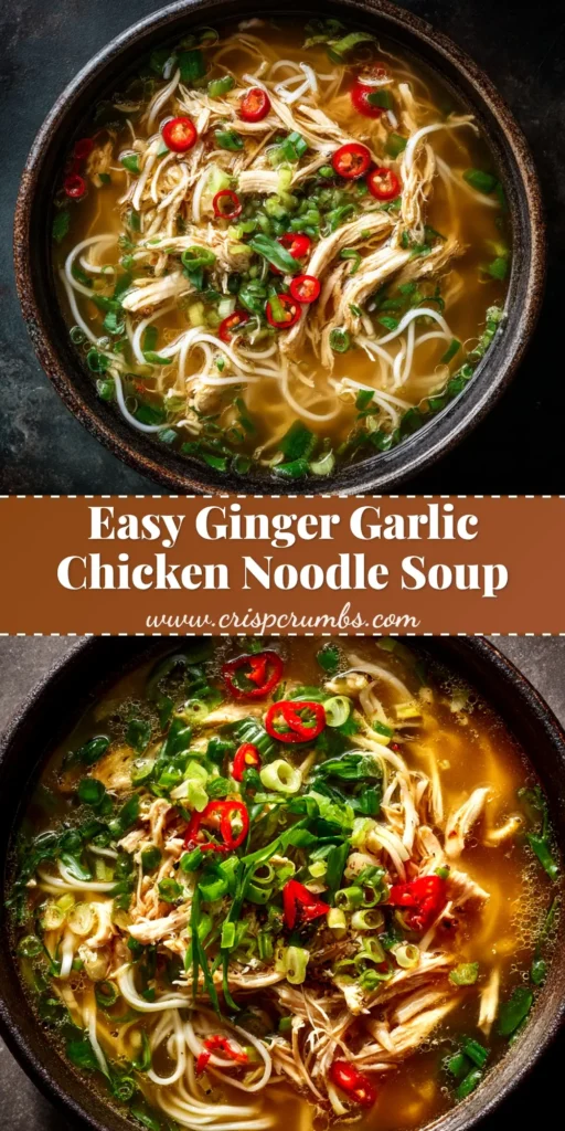 A large white bowl of Ginger Garlic Chicken Noodle Soup, with text overlay confirming the recipe title. The soup is garnished with fresh herbs.