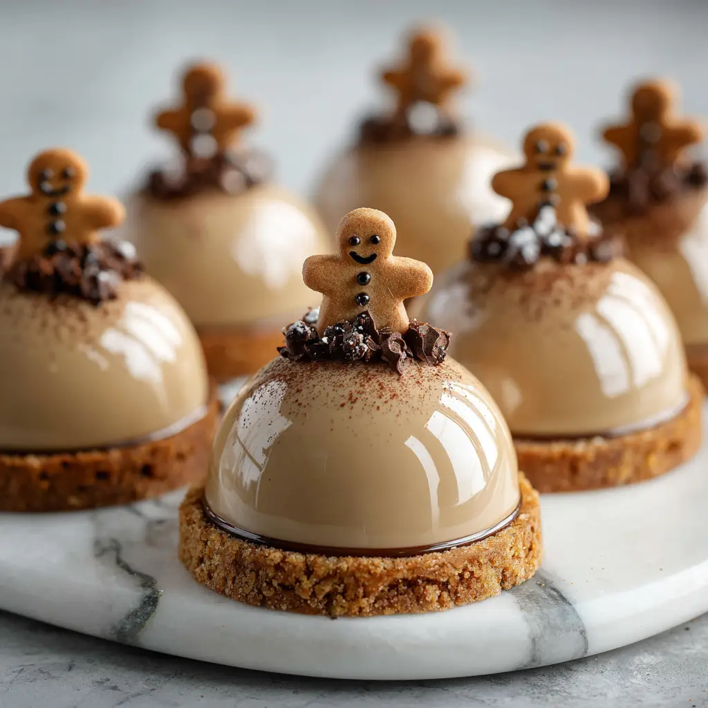 A close-up view of the light and airy texture inside a gingerbread latte mousse dome after being cut with a fork.
