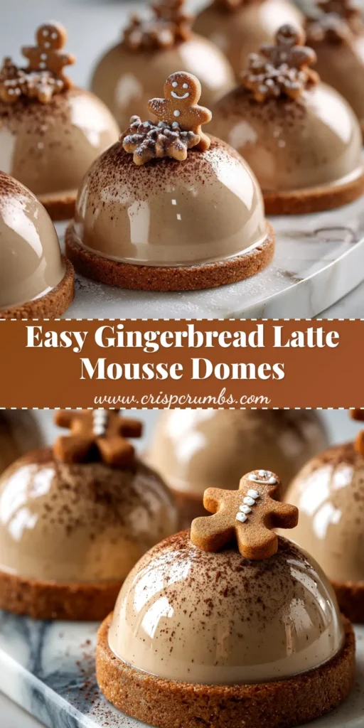 An elegant, single Gingerbread Latte Mousse Dome on a white plate, dusted with cocoa powder. The perfect no-bake holiday dessert recipe.