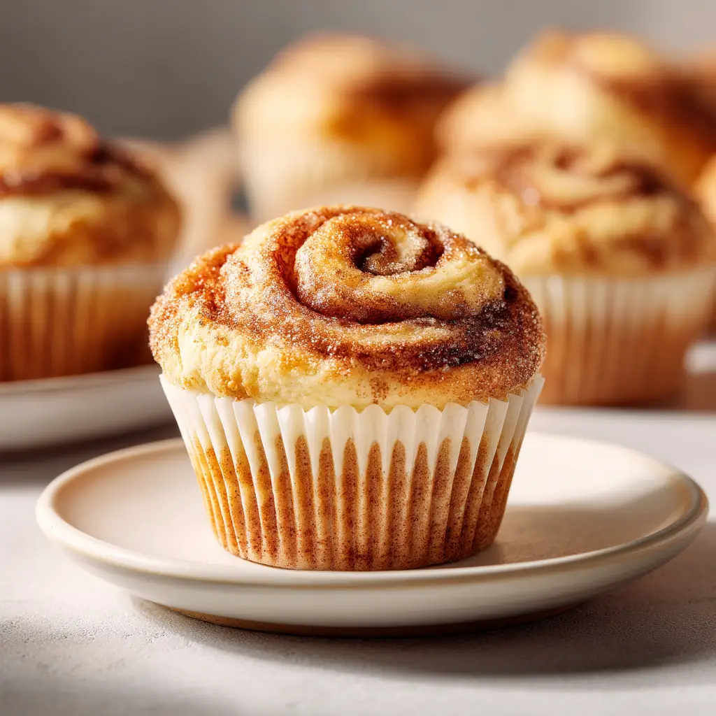 The process of drizzling creamy glaze over freshly baked Cinnamon Roll Protein Muffins arranged on a rustic wooden board. An easy protein snack.