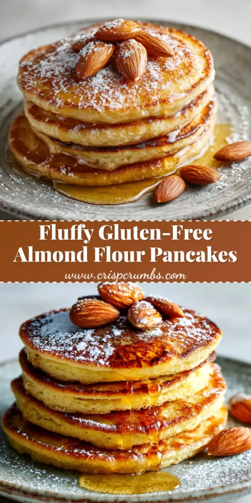 A tall, fluffy stack of gluten-free almond flour pancakes on a white plate, topped with fresh blueberries, a pat of butter, and a generous drizzle of maple syrup.