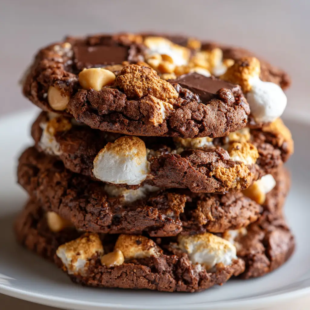 A side view of gooey marshmallow cookies with peanut butter and chocolate, fresh from the oven.