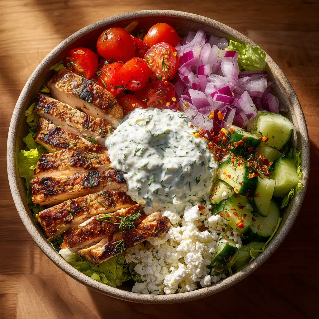 The components of the Greek Chicken Bowls laid out, including the lemon-herb marinated chicken in a bowl next to chopped vegetables and quinoa.
