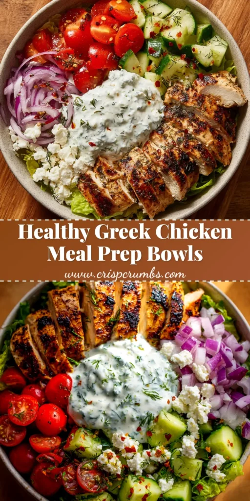An overhead shot of four vibrant Greek Chicken Bowls ready to be served. Each bowl is filled with quinoa, marinated chicken, fresh vegetables, and topped with a creamy tzatziki sauce and feta cheese.