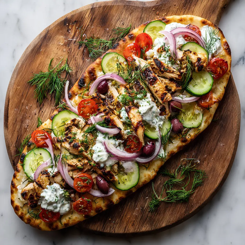 The ingredients for Greek chicken flatbread laid out, including chicken in marinade, fresh vegetables, and a bowl of homemade tzatziki sauce.