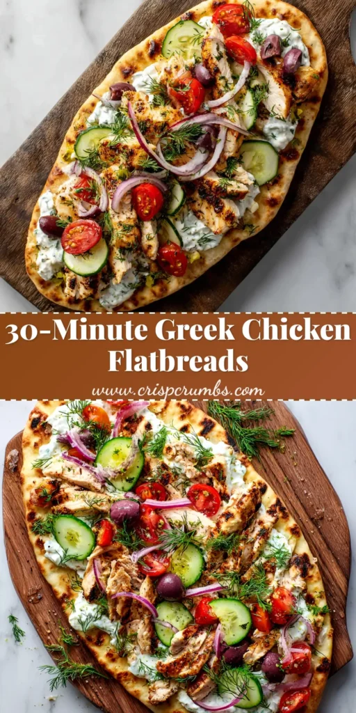 An overhead shot of a delicious Greek chicken flatbread, loaded with juicy chicken, fresh tomatoes, red onions, and creamy tzatziki sauce on a wooden board.