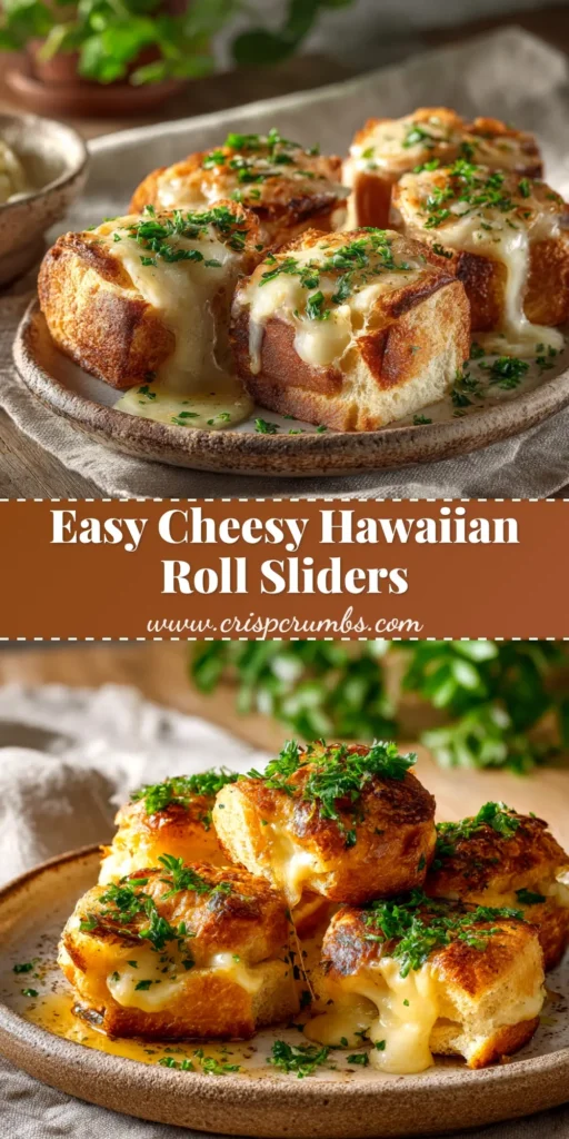A shareable pin image showing golden-brown baked Grilled Cheese Hawaiian Rolls being pulled apart, revealing a gooey, melted cheese center.