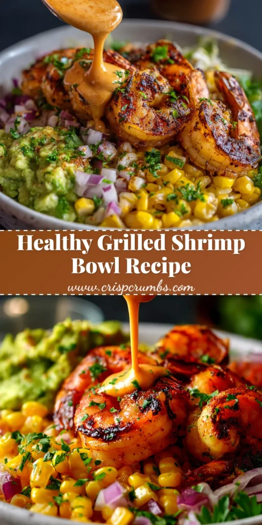 An overhead shot of a vibrant Grilled Shrimp Bowl, featuring perfectly charred shrimp, fresh avocado, corn, and black beans over a bed of rice, drizzled with a creamy cilantro sauce.